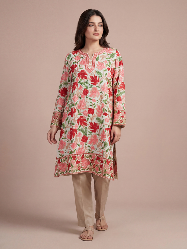 Noor : chinar embroidery summer kurti | Off white pink