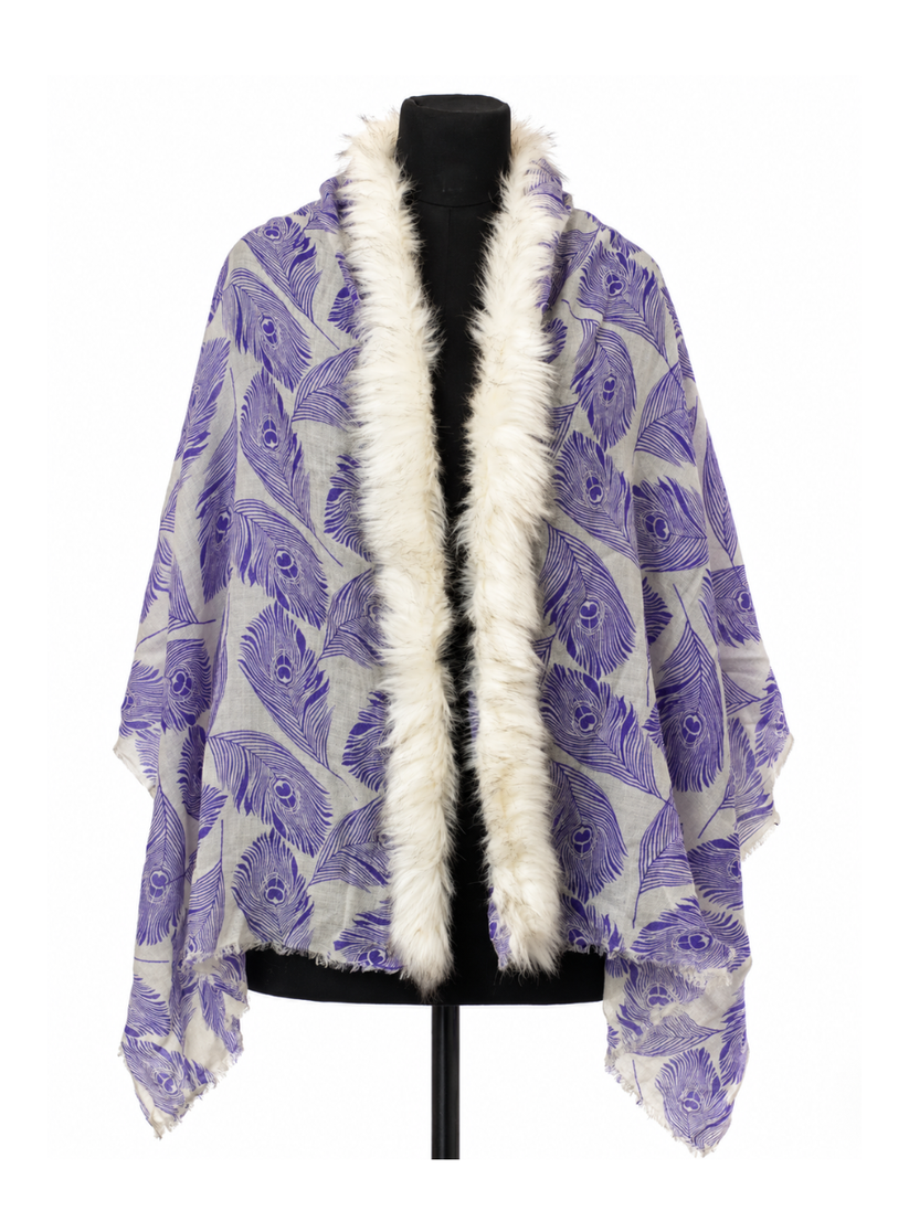 Violet Peacock Feather Print Shawl with Ivory Faux-Fur Trim