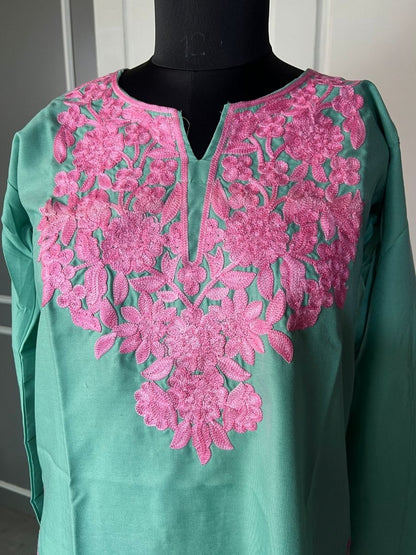 Noor : Aari embroidery summer kurti |Mint Teal