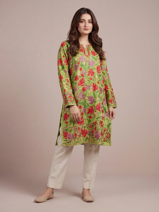 Noor : chinar embroidery summer kurti | Olive Green