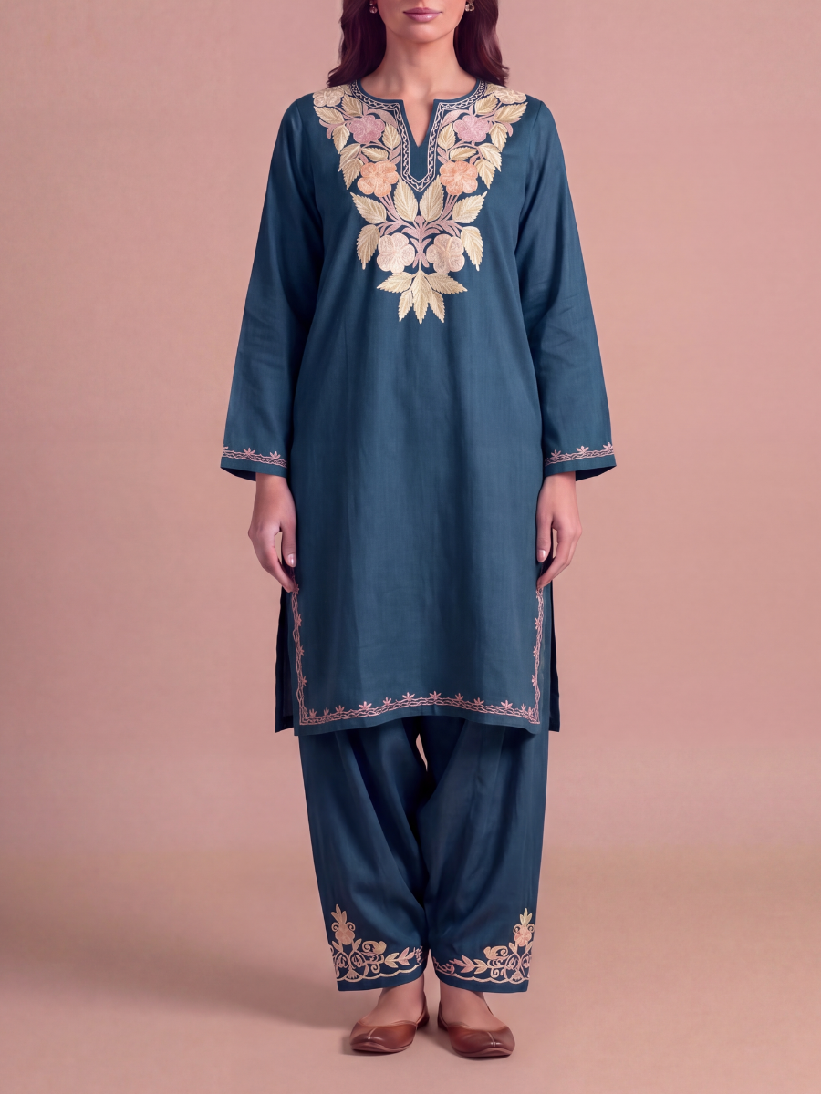 Kashmir Aari cotton Co-Ord Set | Dark Blue