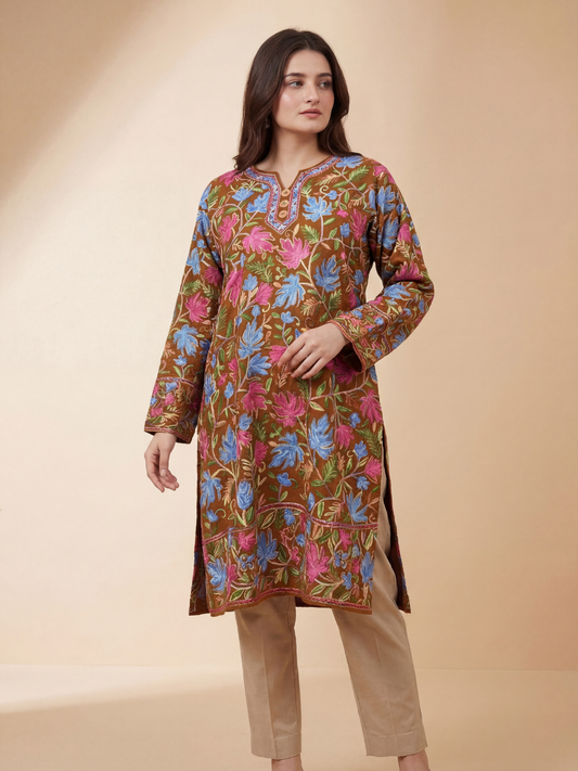 Noor : chinar embroidery summer kurti | Brown