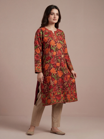 Noor : chinar embroidery summer kurti | Dark Red