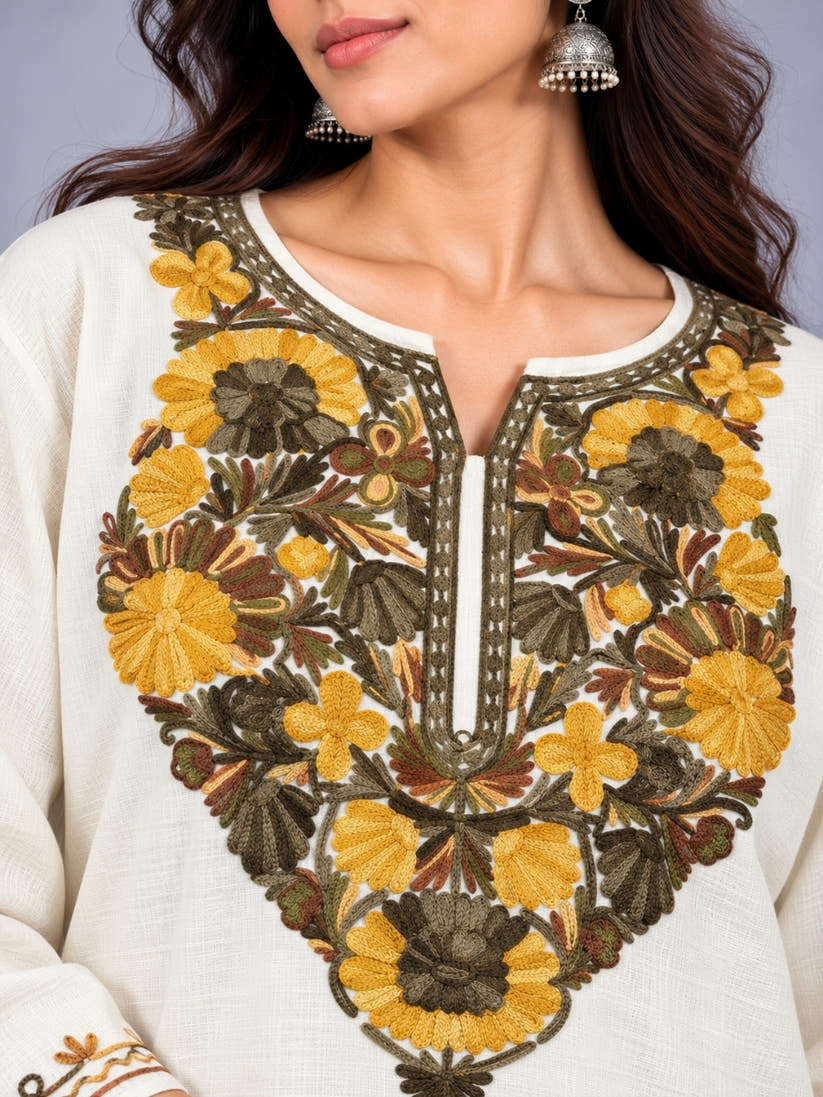White Kashmiri Pheran with  Floral Embroidery | Aari Embroidered Wool Phiran