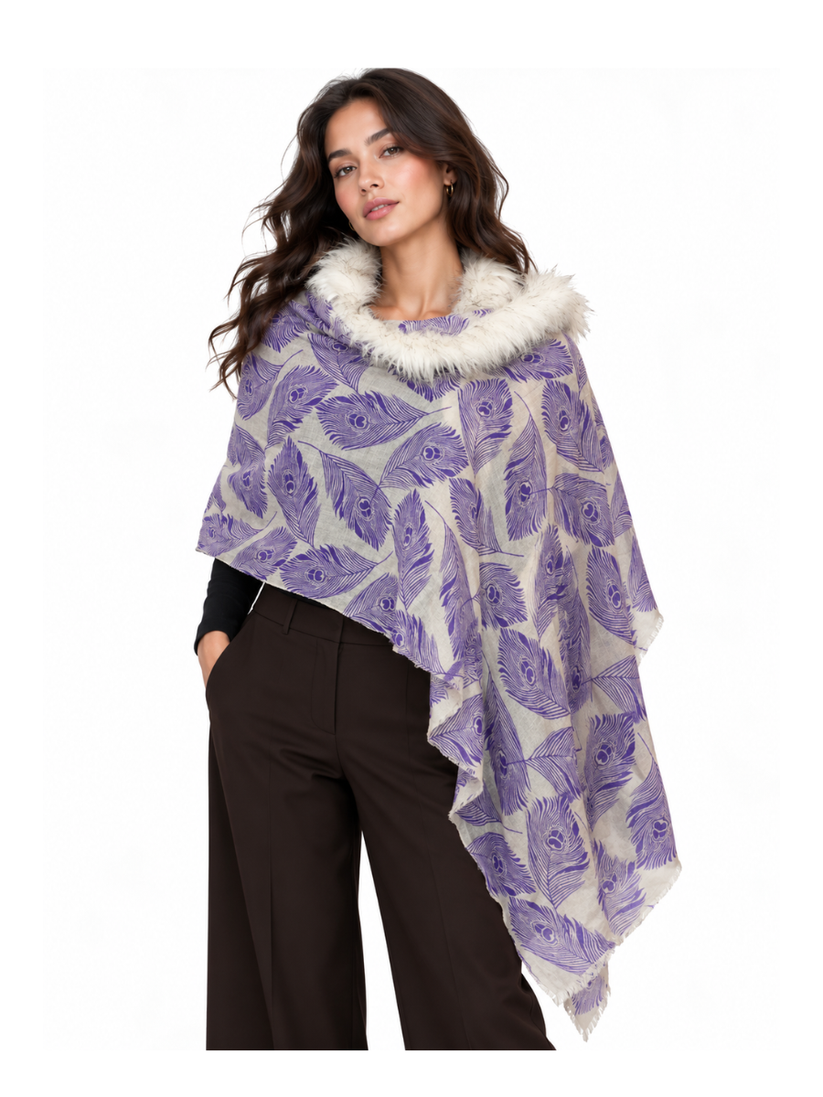 Violet Peacock Feather Print Shawl with Ivory Faux-Fur Trim