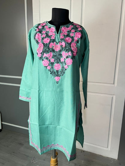 Noor : Aari embroidery summer kurti | Mint Teal