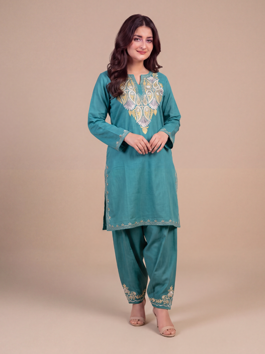 Kashmir Aari cotton Co-Ord Set | Dark Teal