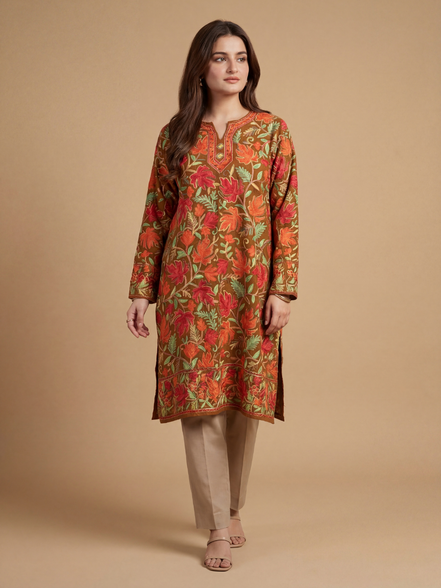 Noor : chinar embroidery summer kurti | Brown