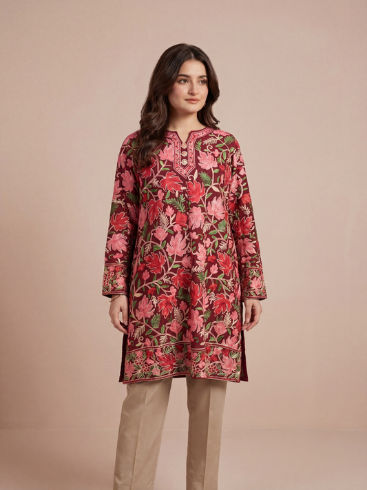 Noor : chinar embroidery summer kurti | Dark Red