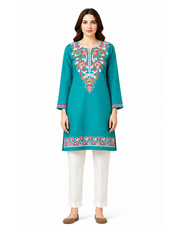 Noor : Aari embroidery summer kurti | Ocean Teal