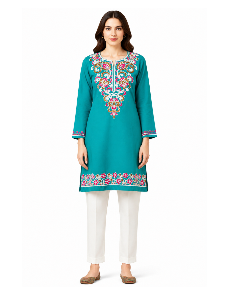 Noor : Aari embroidery summer kurti | Ocean Teal