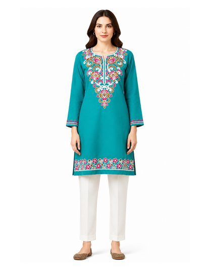 Noor : Aari embroidery summer kurti | Ocean Teal