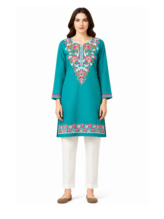 Noor : Aari embroidery summer kurti | Ocean Teal