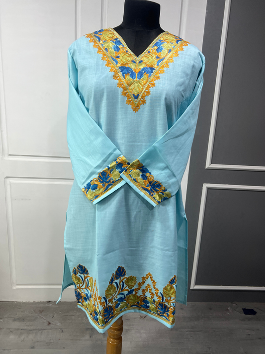 Noor : Kashmiri Aari embroidery summer Co-Ord Set | Aqua