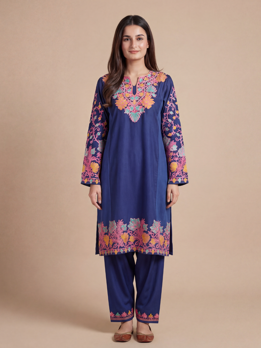 Noor : Aari embroidery summer Co-Ord Set | Dark Blue