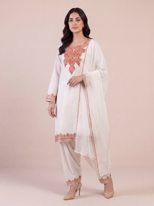 Kashmiri Botti Tilla 3 Piece Unstitched Suites | Light Grey