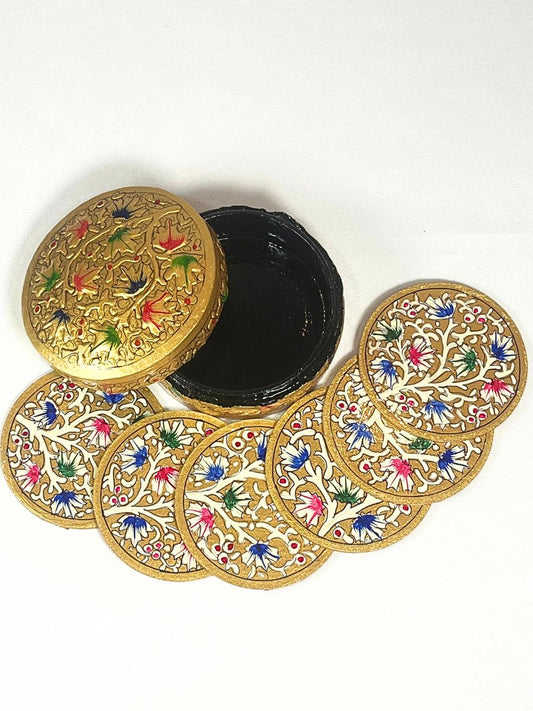 Eggshell Multicolor Chinar Motif Handmade Paper Mache Coaster Set - KaarKash