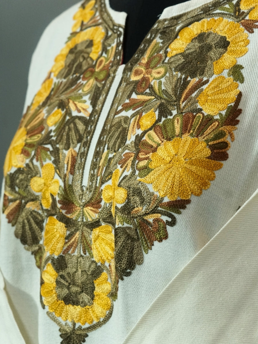 White Kashmiri Pheran with  Floral Embroidery | Aari Embroidered Wool Phiran