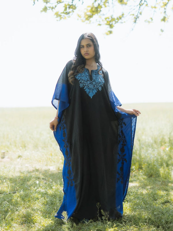 Midnight Sky Cotton Kaftan with Sapphire Blue Aari Embroidery - KaarKash