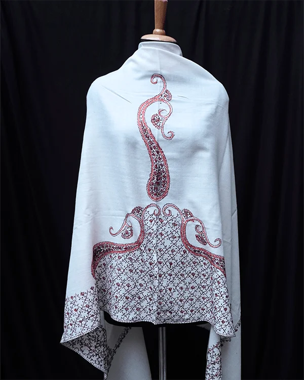 Off White Tusha Shawl with Sozni Handwork Embroidery - KaarKash