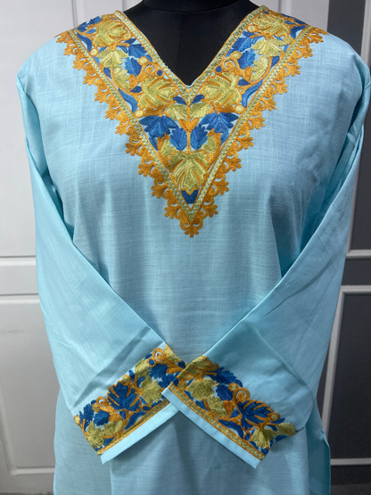Noor : Kashmiri Aari embroidery summer Co-Ord Set | Aqua