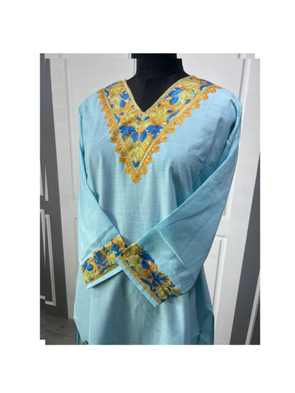 Noor : Kashmiri Aari embroidery summer Co-Ord Set | Aqua
