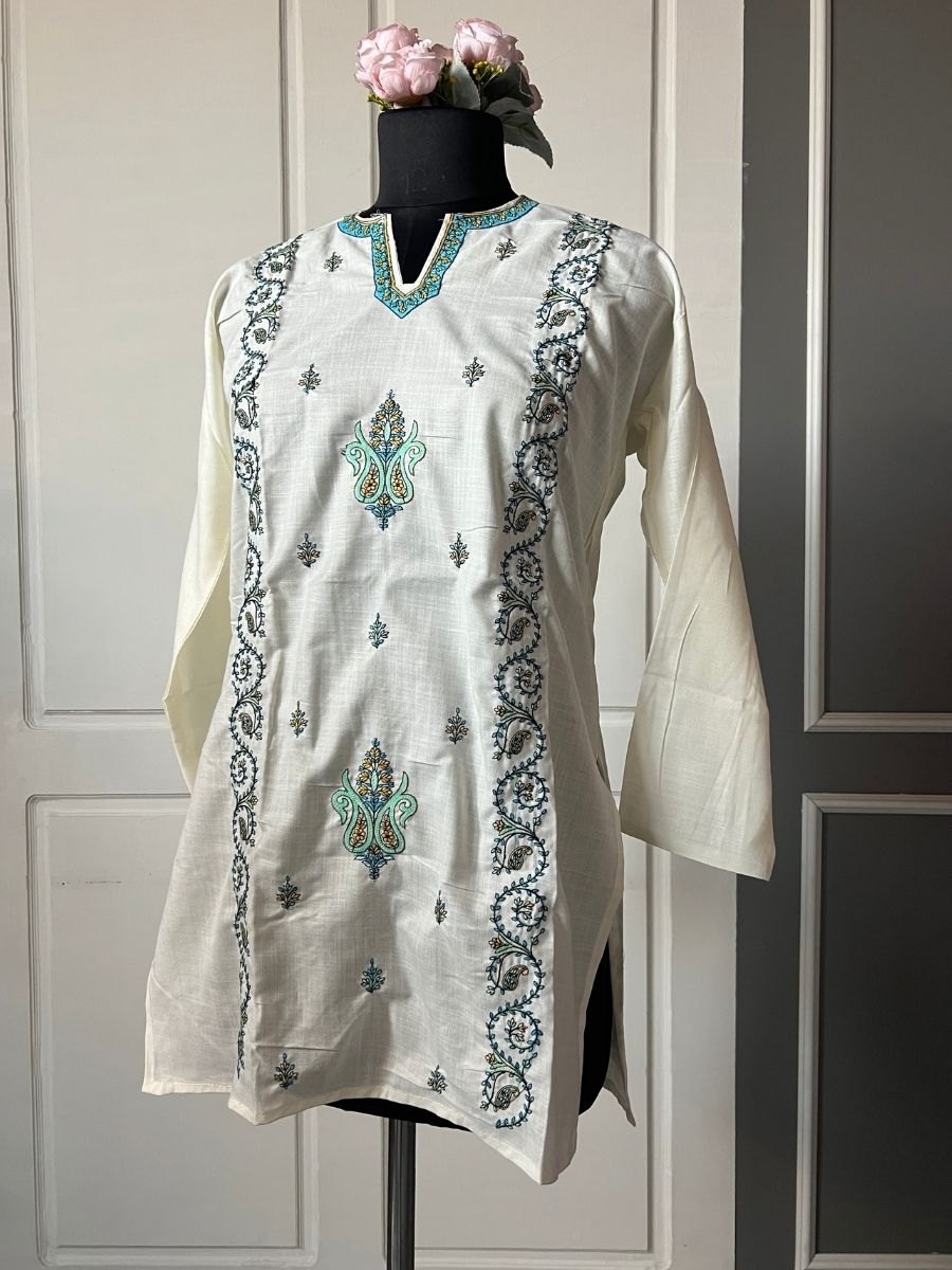 Noor : Sozni embroidery summer kurti | Light Gray