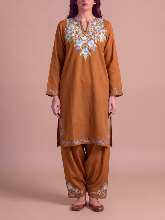 Kashmir Aari cotton Co-Ord Set | Brown