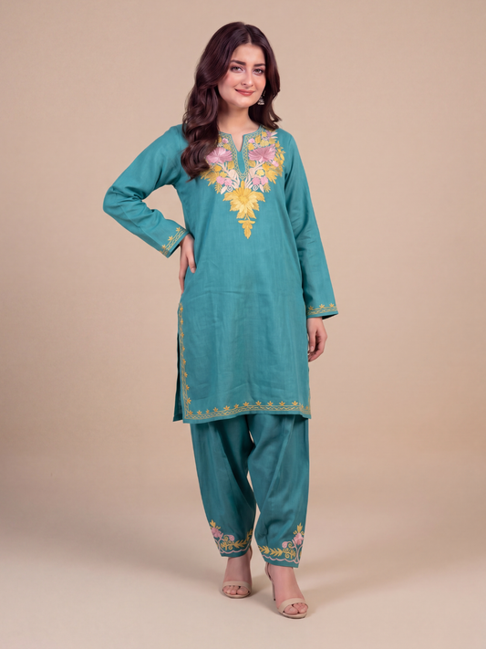 Kashmir Aari cotton Co-Ord Set | Dark Teal