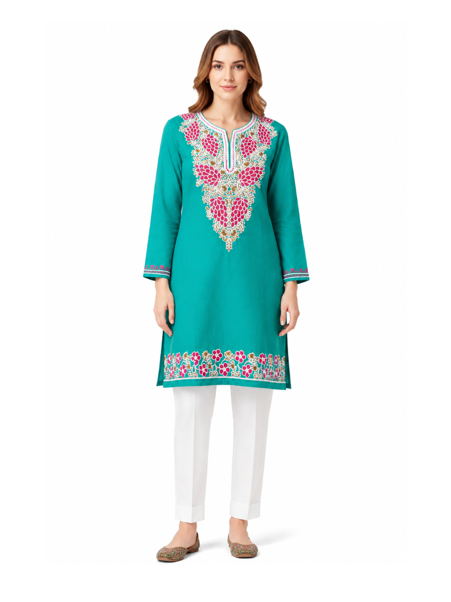 Noor : Aari embroidery summer kurti | Ocean Teal