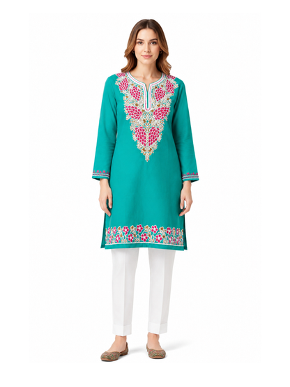 Noor : Aari embroidery summer kurti | Ocean Teal