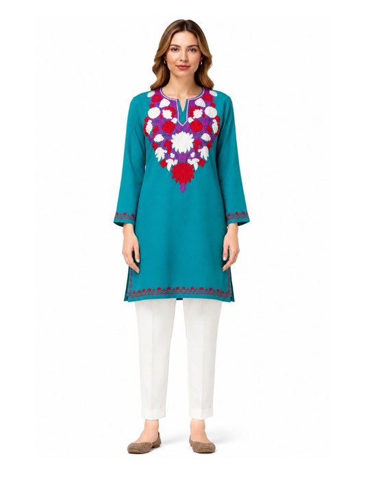 Noor : Aari embroidery summer kurti | Ocean Teal