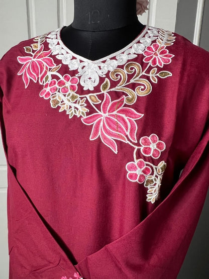 Noor : Aari embroidery summer kurti | Dark Red