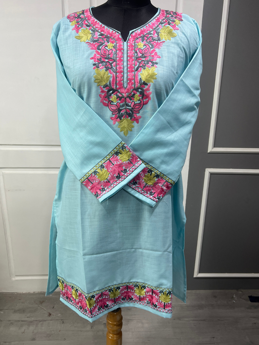 Noor : Kashmiri Aari embroidery summer Co-Ord Set | Aqua