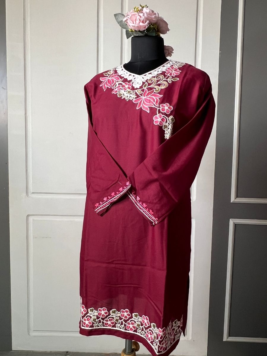 Noor : Aari embroidery summer kurti | Dark Red