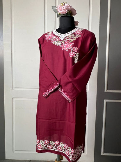 Noor : Aari embroidery summer kurti | Dark Red