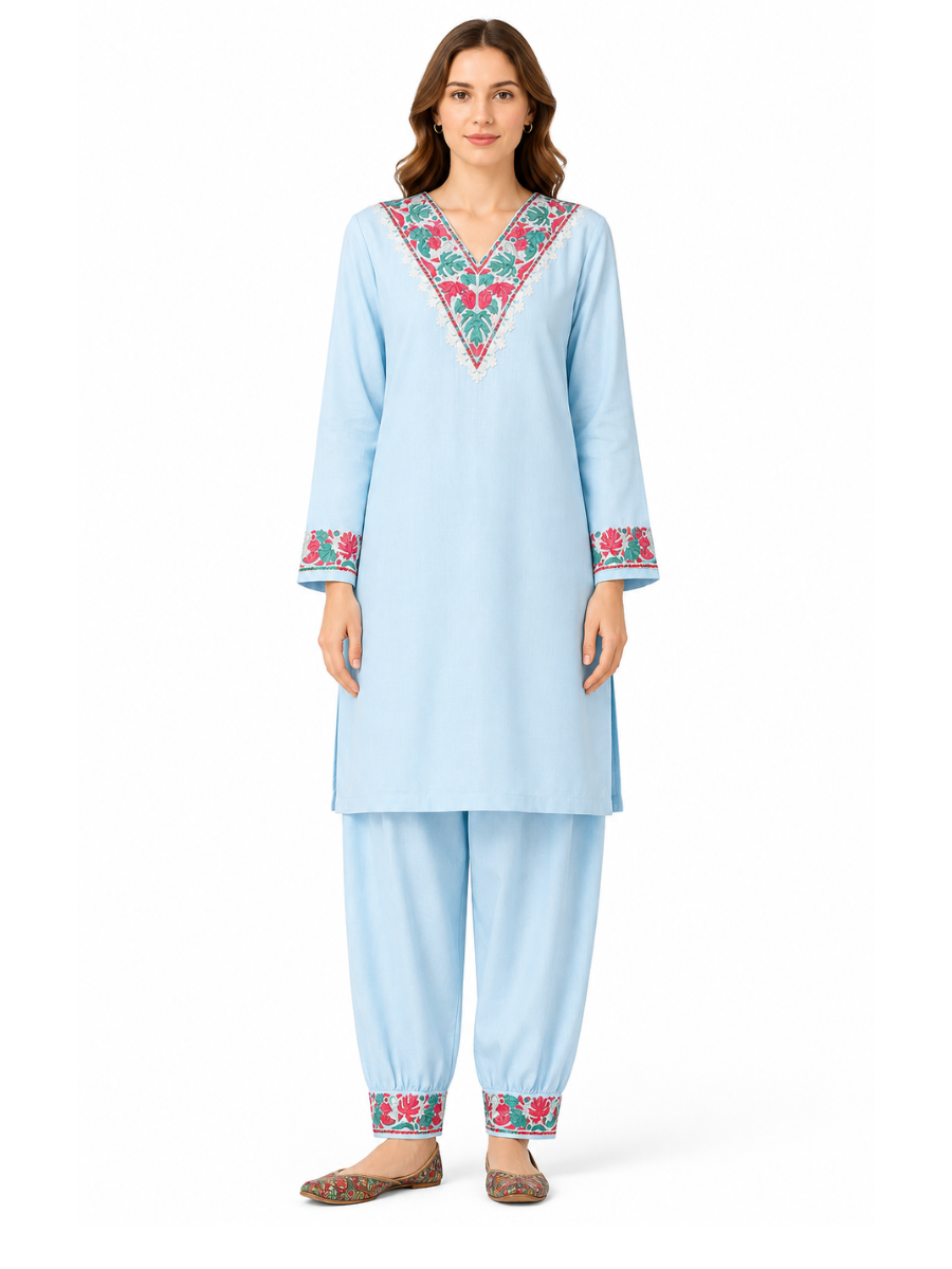 Noor : Kashmiri Aari embroidery summer Co-Ord Set | Aqua