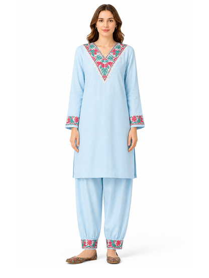 Noor : Kashmiri Aari embroidery summer Co-Ord Set | Aqua