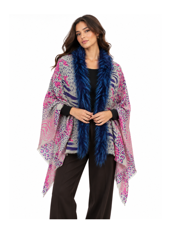 Neon Bloom Shawl with Midnight Blue Faux-Fur Trim
