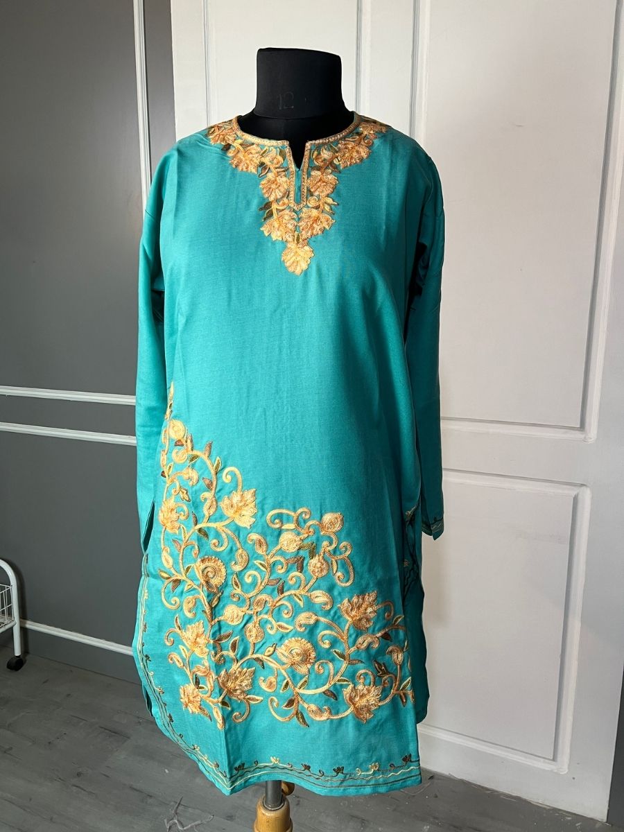 Noor : Aari embroidery summer kurti |Ocean Teal