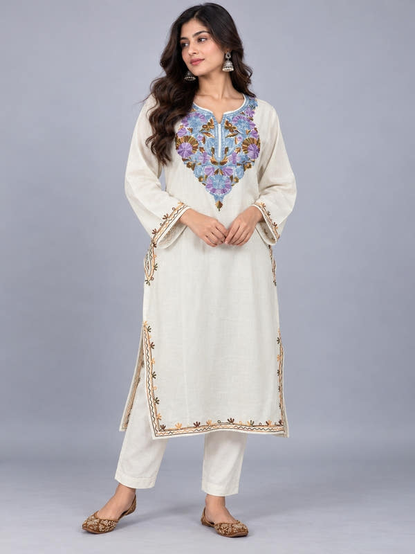 White Kashmiri Pheran with Powder Blue & Violet Floral Embroidery – KAARKASH