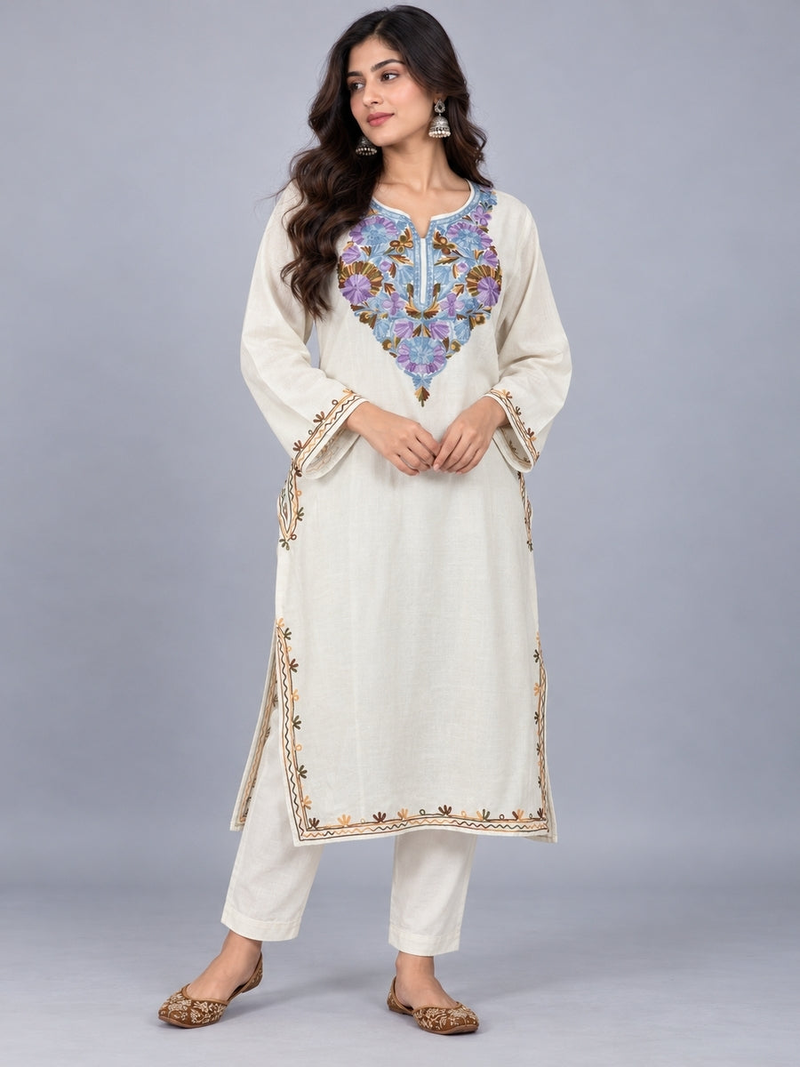 White Kashmiri Pheran with  Floral Embroidery | Aari Embroidered Wool Phiran