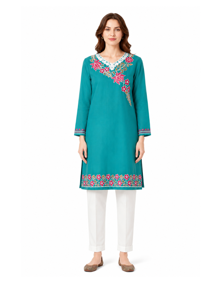 Noor : Aari embroidery summer kurti | Ocean Teal