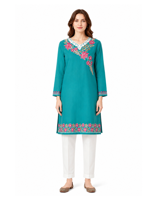 Noor : Aari embroidery summer kurti | Ocean Teal