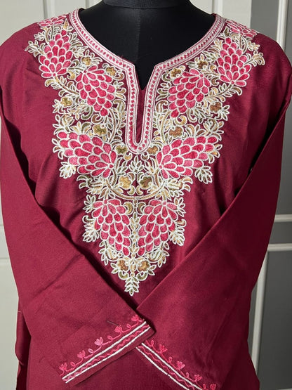 Noor : Aari embroidery summer kurti | Dark Red