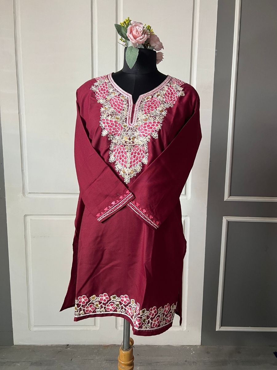 Noor : Aari embroidery summer kurti | Dark Red