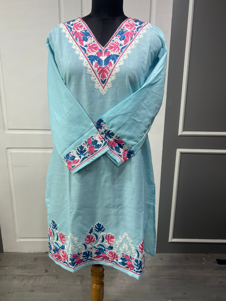 Noor : Kashmiri Aari embroidery summer Co-Ord Set | Aqua