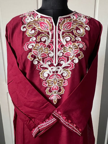 Noor : Aari embroidery summer kurti | Dark Red