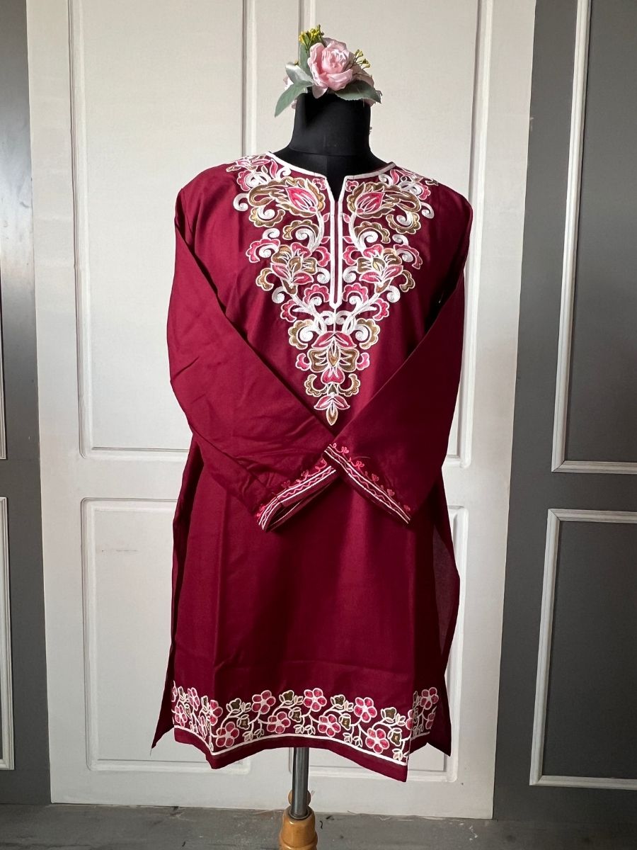 Noor : Aari embroidery summer kurti | Dark Red