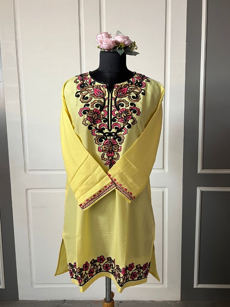 Noor : Aari embroidery summer kurti | Mustard